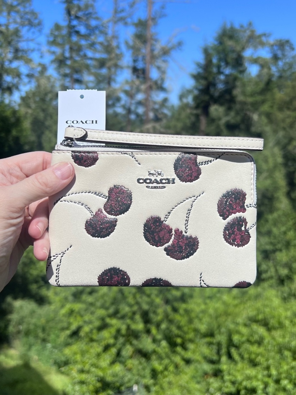 COACH Corner Zip Leather Wristlet With Sequin Cherry Print CDF05 NWT